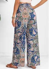 Tribal Print Smocked Blue Elastic Waist High Waisted Pants