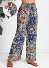 Tribal Print Smocked Blue Elastic Waist High Waisted Pants