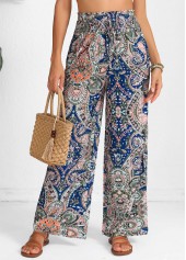 Tribal Print Smocked Blue Elastic Waist High Waisted Pants