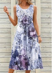 Floral Print Breathable Dusty Purple A Line Sleeveless Dress