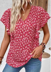 Ditsy Floral Print Ruffle Wine Red Short Sleeve Blouse