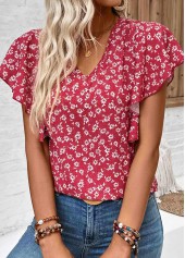 Ditsy Floral Print Ruffle Wine Red Short Sleeve Blouse