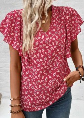 Ditsy Floral Print Ruffle Wine Red Short Sleeve Blouse