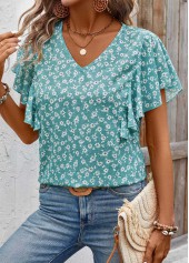 Ditsy Floral Print Ruffle Mint Green Short Sleeve Blouse
