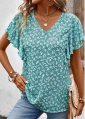 Ditsy Floral Print Ruffle Mint Green Short Sleeve Blouse