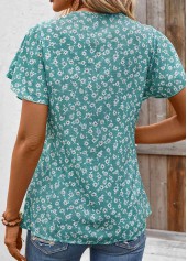 Ditsy Floral Print Ruffle Mint Green Short Sleeve Blouse