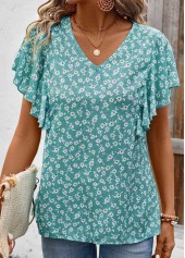 Ditsy Floral Print Ruffle Mint Green Short Sleeve Blouse