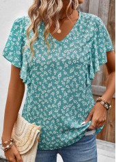 Ditsy Floral Print Ruffle Mint Green Short Sleeve Blouse