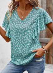 Ditsy Floral Print Ruffle Mint Green Short Sleeve Blouse