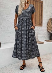Geometric Print Pocket Black Short Sleeve V Neck Dress