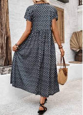 Geometric Print Pocket Black Short Sleeve V Neck Dress
