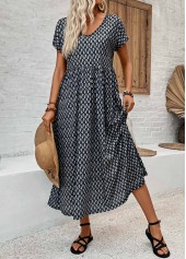 Geometric Print Pocket Black Short Sleeve V Neck Dress