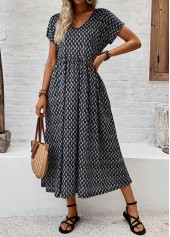 Geometric Print Pocket Black Short Sleeve V Neck Dress