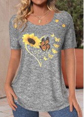 Sunflower Print Button Light Grey Marl T Shirt