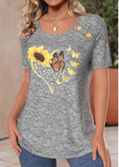 Sunflower Print Button Light Grey Marl T Shirt
