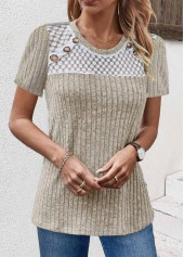 Lace Light Camel Short Sleeve Round Neck T Shirt