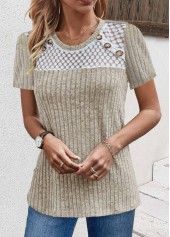 Lace Light Camel Short Sleeve Round Neck T Shirt