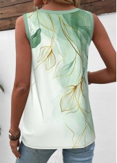 Leaf Print Button Light Green Sleeveless Tank Top