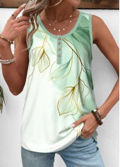 Leaf Print Button Light Green Sleeveless Tank Top