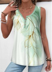 Leaf Print Button Light Green Sleeveless Tank Top