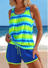 Wave Pattern Print Patchwork Neon Green Tankini Set