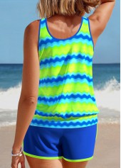 Wave Pattern Print Patchwork Neon Green Tankini Set