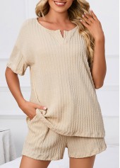 Split Neck Beige Short Sleeve Lounge Top and Shorts