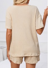 Split Neck Beige Short Sleeve Lounge Top and Shorts