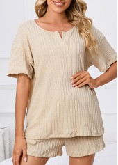 Split Neck Beige Short Sleeve Lounge Top and Shorts