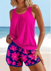 Floral Print Patchwork Hot Pink Tankini Set