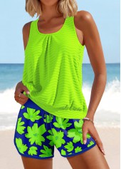 Floral Print Patchwork Neon Green Tankini Set