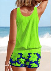 Floral Print Patchwork Neon Green Tankini Set