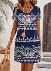 Tribal Print Navy A Line Short Sleeve Dress