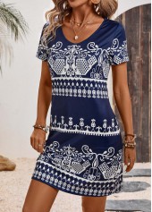 Tribal Print Navy A Line Short Sleeve Dress