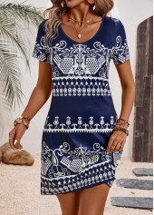 Tribal Print Navy A Line Short Sleeve Dress