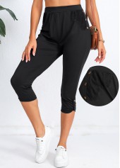 Black Elastic Waist High Waisted Capri Leggings