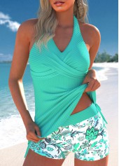 Random Floral Print Surplice Mint Green Tankini Set