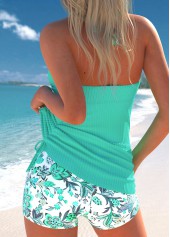 Random Floral Print Surplice Mint Green Tankini Set