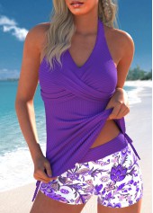 Random Floral Print Surplice Purple Tankini Set