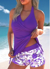 Random Floral Print Surplice Purple Tankini Set
