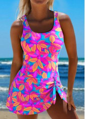 Leaf Print Asymmetry Hot Pink One Piece Swimdress