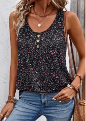 Ditsy Floral Print Button Black Sleeveless Tank Top