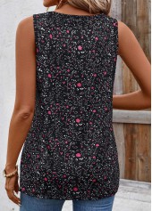 Ditsy Floral Print Button Black Sleeveless Tank Top