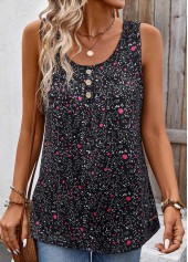 Ditsy Floral Print Button Black Sleeveless Tank Top