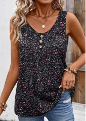 Ditsy Floral Print Button Black Sleeveless Tank Top