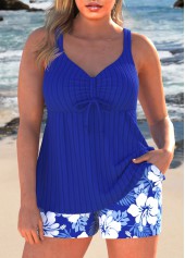Plus Size Royal Blue Floral Print Ruched Tankini Set