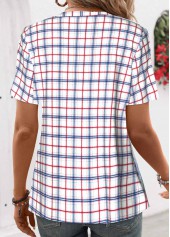Plaid Patchwork Blue Short Sleeve Split Neck Shirt