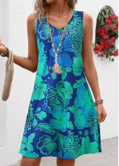 Floral Print Breathable Blue A Line Sleeveless Dress