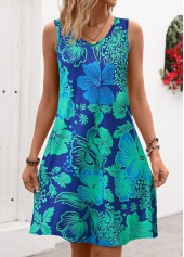 Floral Print Breathable Blue A Line Sleeveless Dress