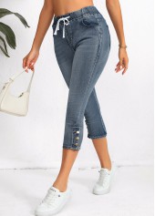 Denim Blue Pocket Elastic Waist High Waisted Jeans